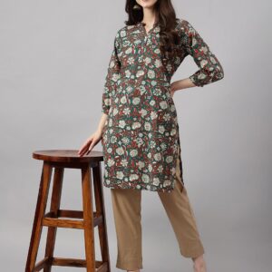 Women's Dark Green Cotton Floral Print Regular Tunic